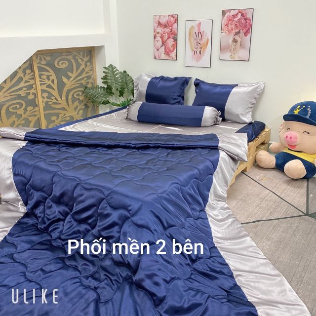 Bộ ga gối phi lụa phối màu 4 món (1 drap, 2 vỏ gối nằm, 1 vỏ gối ôm)