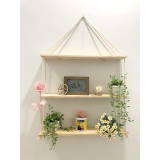 Kệ gỗ dây thừng treo tường, gỗ thông tự nhiên, kích thước 50x15cm
