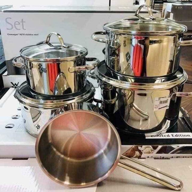 Bộ nồi WMF Provence Plus 5 món nắp vung kính, chất liệu thép Cromargan in logo dập đáy [nhập Đức chính hãng]