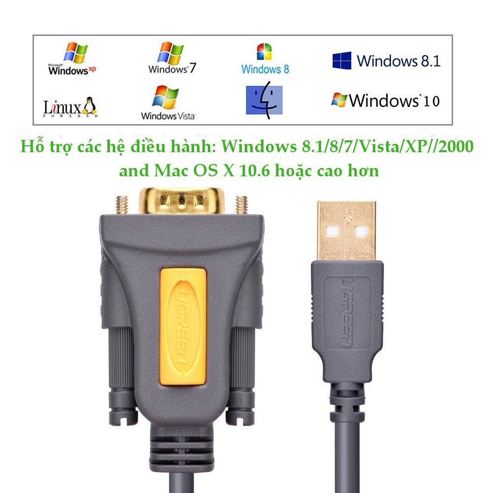 Cáp Chuyển USB 2.0 To Com RS232 cao cấp UGREEN 20223 Dài 3m - Hàng Chính Hãng