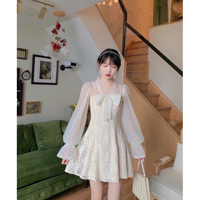 SẴN🎀Váy ulzzang ren lưới kiểu tiểu thư tay loe/Đầm xoè công chúa dự tiệc bánh bèo điệu vintage đi tiệc