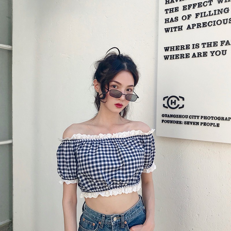 ÁO ULZZANG ÁO CROPTOP TRỄ VAI SỌC CARO HÀN QUỐC