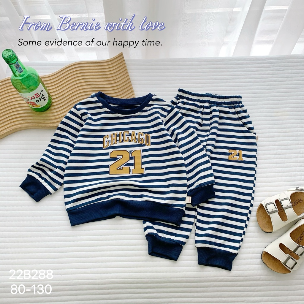 Bộ bé trai thu đông dài tay hoạ tiết kẻ cá tính, bộ thun bé trai tay dài Bernie