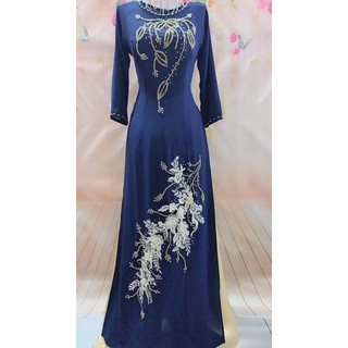 Áo dài cho mẹ xanh đen tằm ý kết hoa hột - ảnh thật 100%