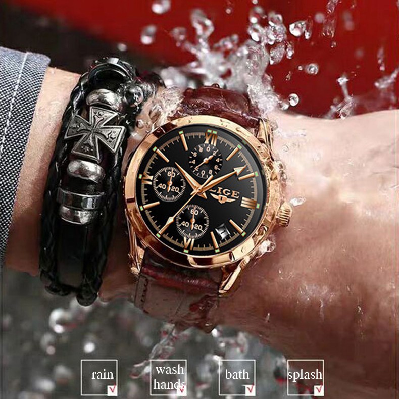 LIGE Đồng hồ đeo tay nam Thời trang Casual Analog Quartz Không thấm nước Chronograph dạ quang Da thể thao Đồng hồ đeo tay