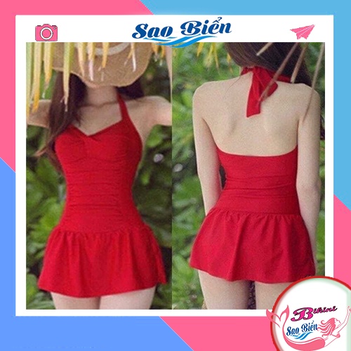 Đồ bơi một mảnh cổ yếm đuôi váy xòe quyến rủ màu đỏ