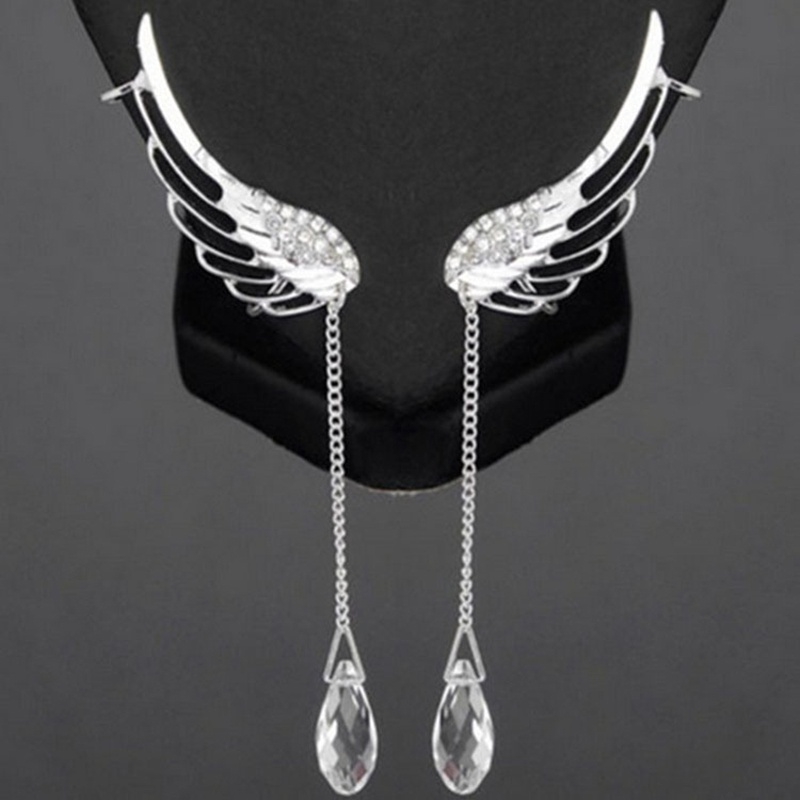 Silver Angel Wing Stylist Crystal Earrings Drop Dangle Ear Stud for Women