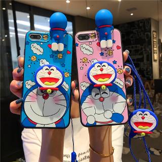 Ốp điện thoại hình Doremon gắn dây đeo dễ thương cho Samsung Galaxy A7 2018 J8 2018 A9 2018 A5 A8 2018