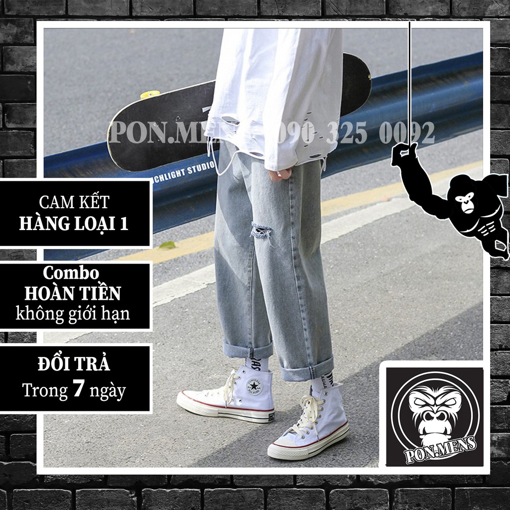 [xả kho lẻ size] Quần jean ống rộng nam nữ unisex màu xanh ghi rách 2 bên 653 Pon.mens | BigBuy360 - bigbuy360.vn