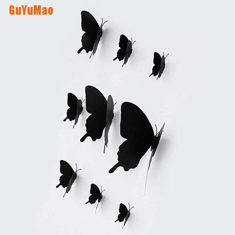Set 12 Miếng Dán Tường Hình Bướm 3D Màu Đen Có Nam Châm
