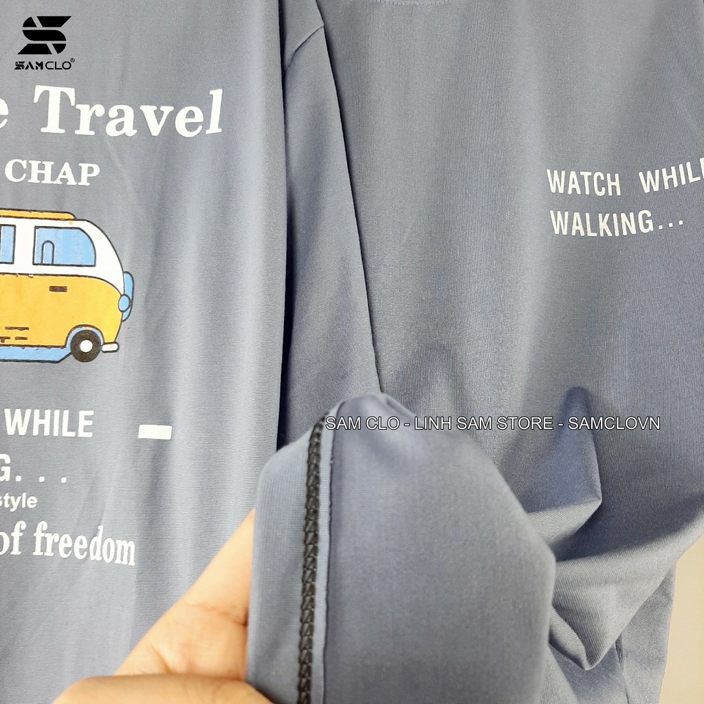 Áo thun nữ tay lỡ SAM CLO freesize phông form rộng Unisex, mặc lớp, nhóm, cặp in chữ leisure travel hình XE BUS