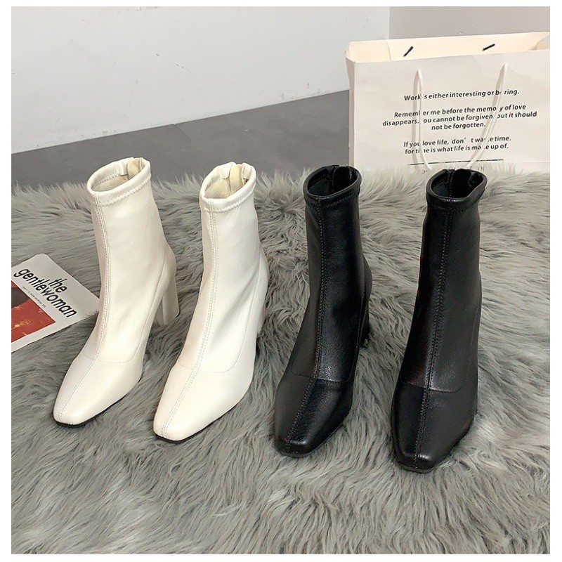 HENNE - Boots basic đen da mềm gót vuông 8cm