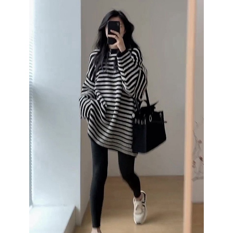 Áo sweater Dệt Kim Cổ Tròn Dáng Rộng Kẻ Sọc Kiểu retro Hàn Quốc Thời Trang 2022