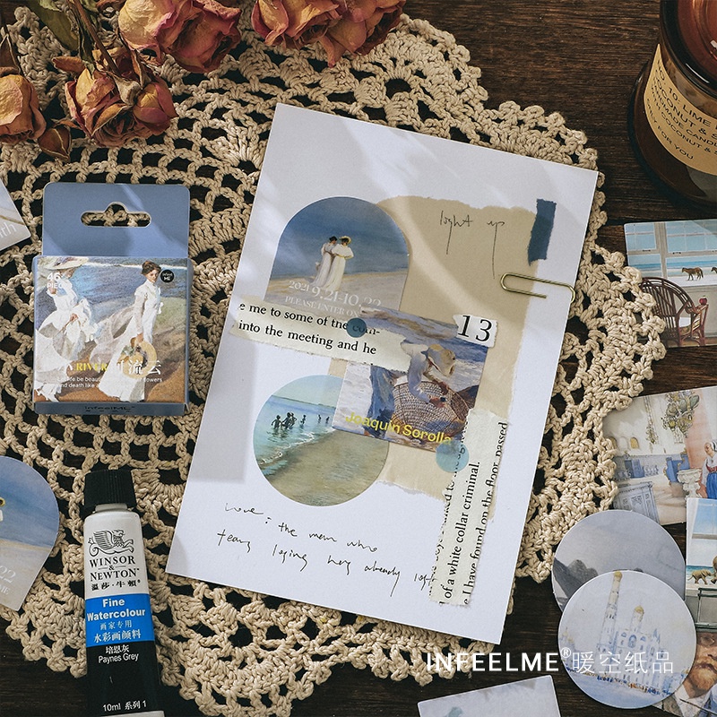 Hộp 46 sticker tranh sơn dầu nhiều tông màu trang trí sổ tay bullet journal - M566