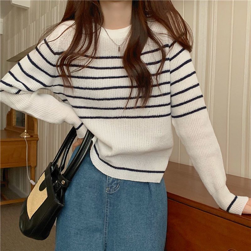 Áo Len Dài Tay Dáng Rộng Họa Tiết Kẻ Sọc Phong Cách Lười Biếng Mới
