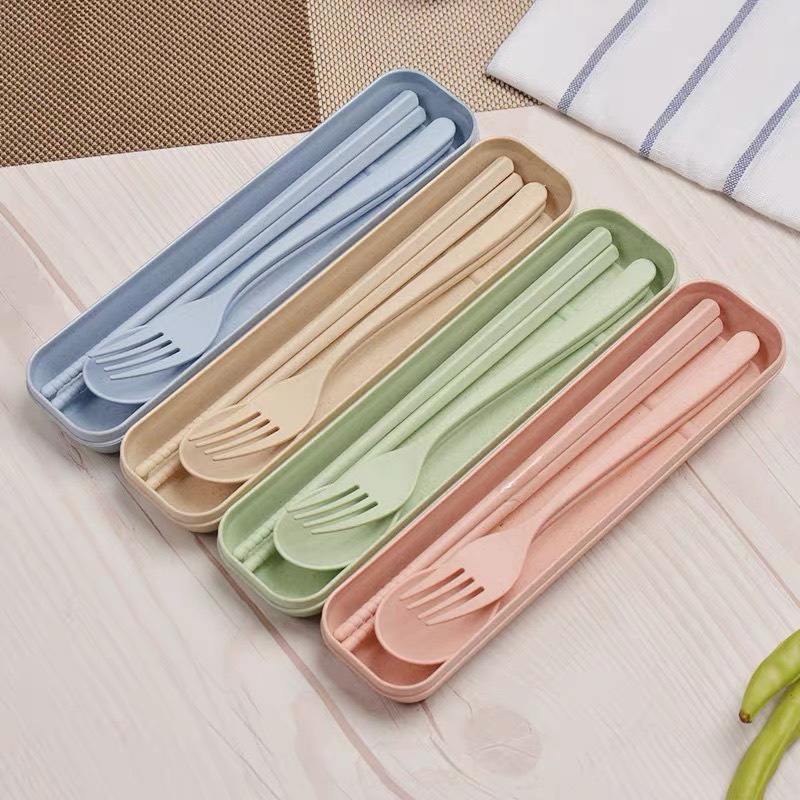 Bộ muỗng đũa nĩa lúa mạch văn phòng du lịch cá nhân dễ thương kèm hộp