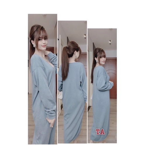 Váy len suông cổ tim form dài qua gối