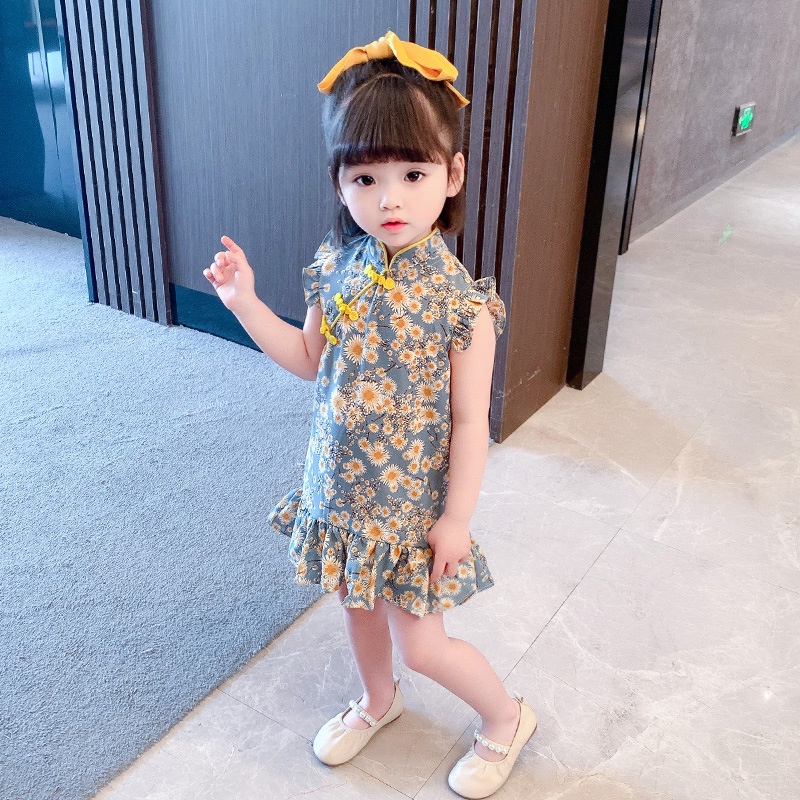 Đầm sườn xám SANITKUN cotton tay bay họa tiết hoa phong cách Trung Hoa xinh xắn dành cho bé gái