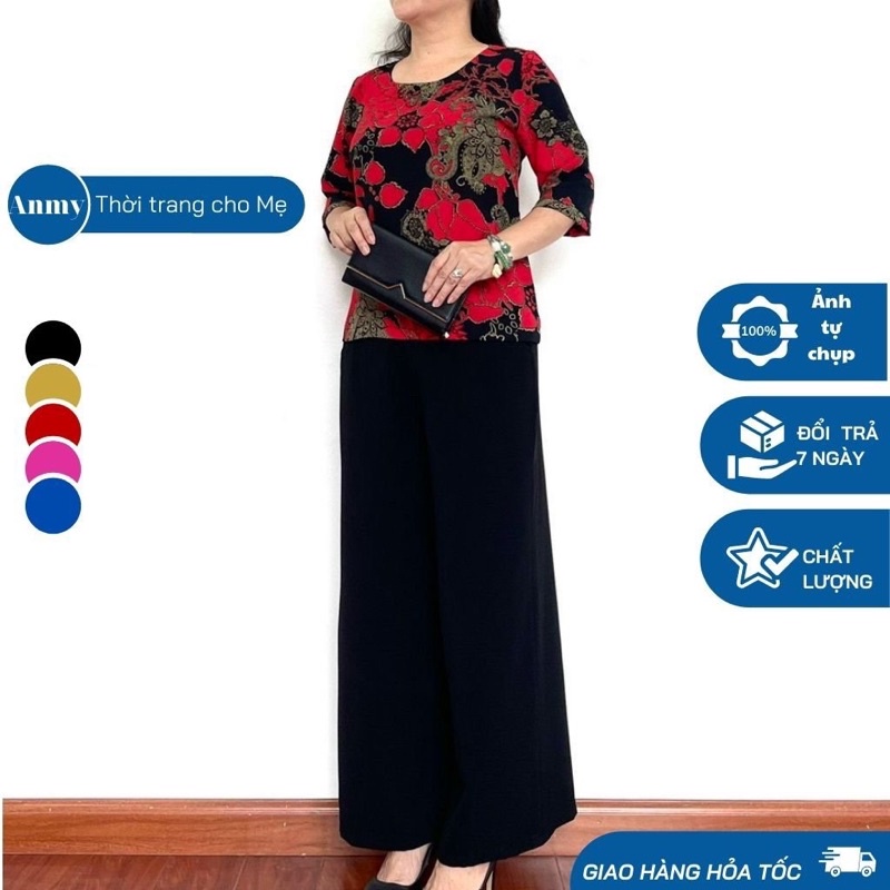 Đồ bộ trung niên nữ Áo lụa Hàn Châu cao cấp phối quần đũi, Bộ đồ cho mẹ tay lỡ quần dài. Form xuông dành cho quý bà