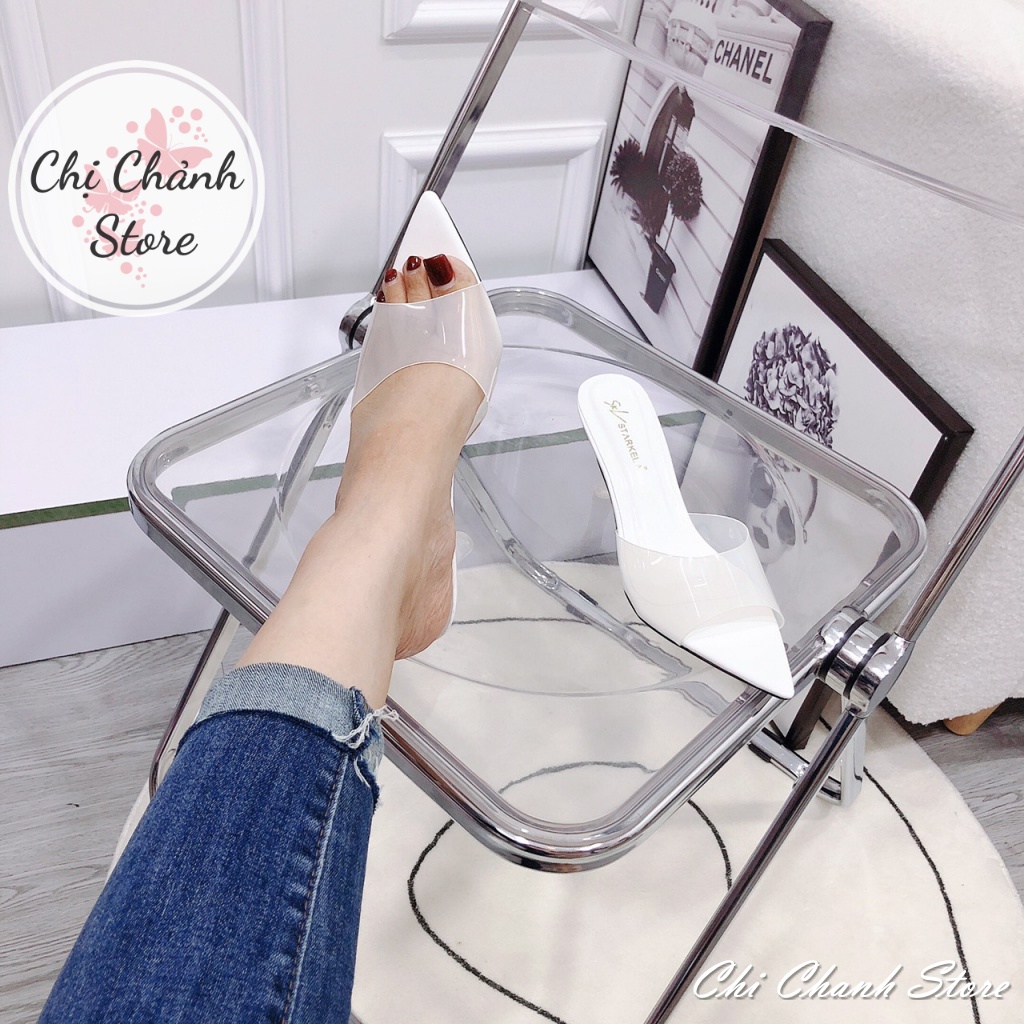 Guốc Cao Gót 7p Quai Trong Mềm Chất Da Bóng Sang Mịn Êm Chân Lên Chân Tôn Dáng Dép Cao Gót Màu Đen Trắng Chichanh store