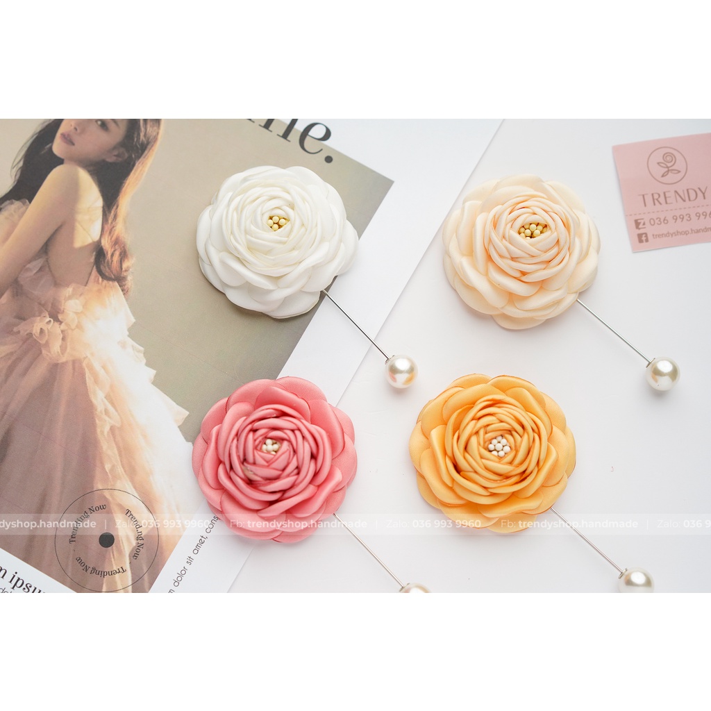 Hoa cài áo - Tag hoa trà cài áo trâm cài - Hoa vải cài áo handmade