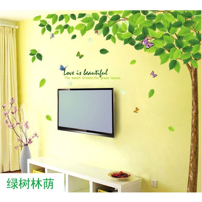 Decal trang trí Cây Lá Xanh Hoa Bướm kèm chữ