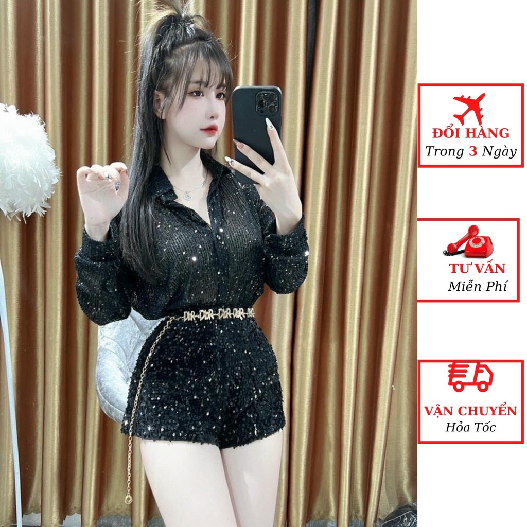 Áo sơ mi nữ nhũ kim sa dáng giấu quần phong cách sexy đi tiệc cưới ulzzang Hàn Quốc