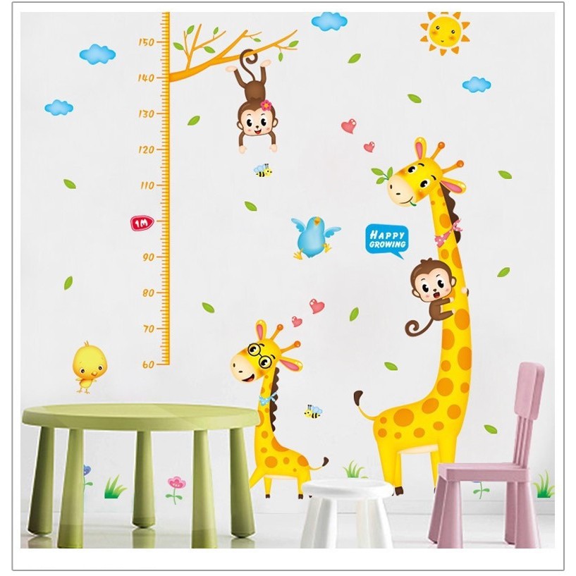 Decal dán tường cho bé, tranh đo chiều cao cho bé, sticker trang trí phòng trẻ em (Hươu và Khỉ)