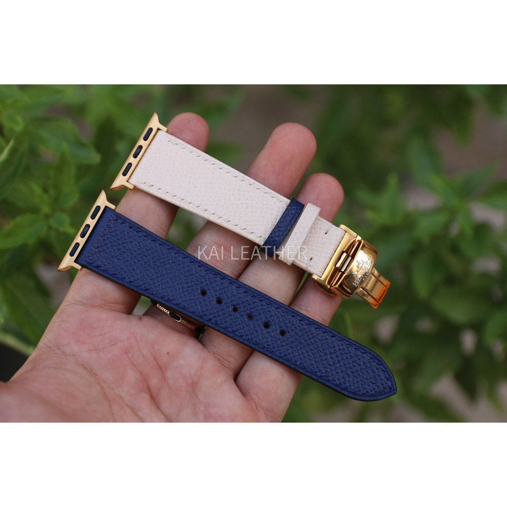 Dây da đồng hồ Apple watch, chất liệu da Epsom Pháp - Xanh navy phối trắng - Khâu tay thủ công - Bảo hành 12 tháng