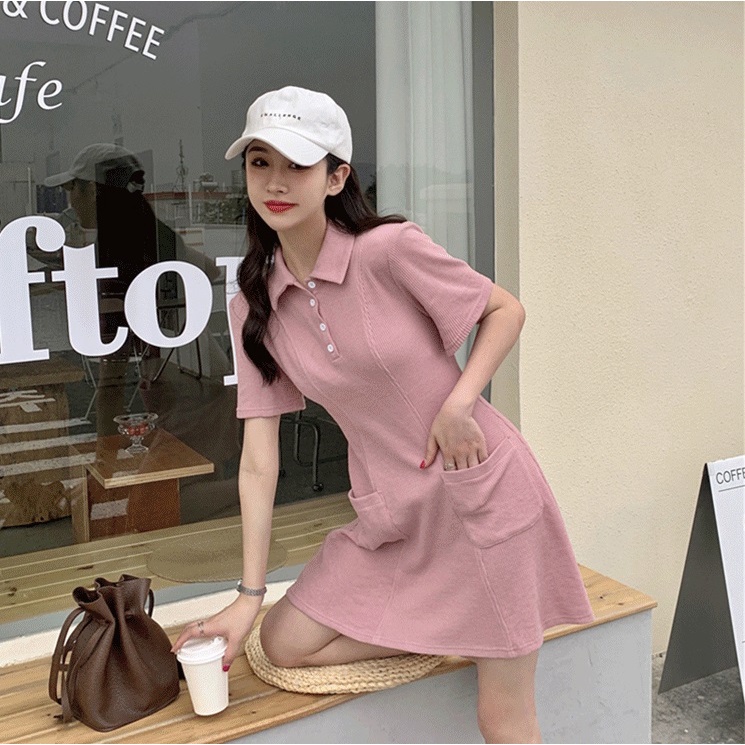 V025 Váy thun polo cộc tay dáng xòe chiết eo túi trước Đầm phông nữ cổ bẻ ngắn tay Ulzzang hè thu trẻ trung