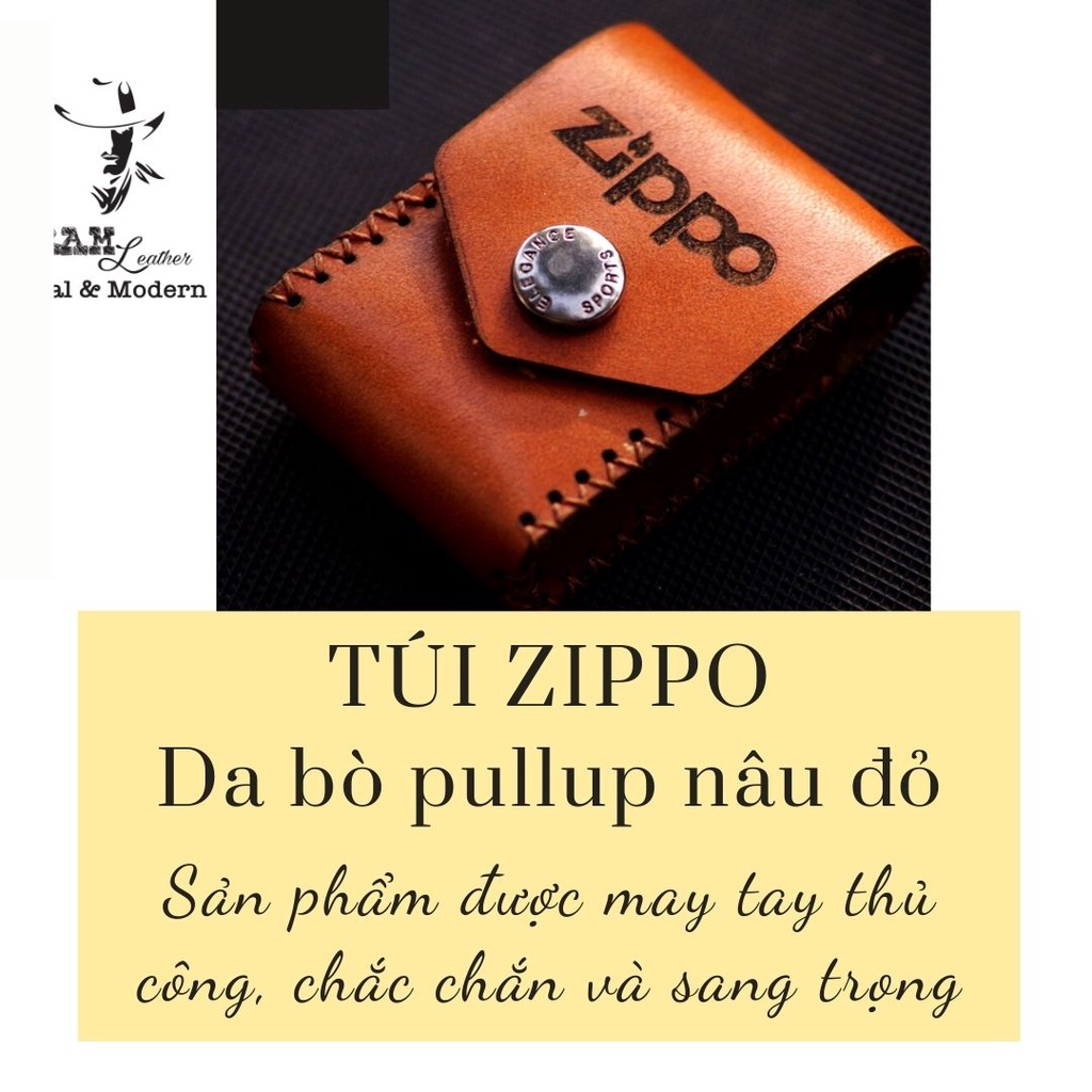 Bao da Zippo Da Bò Thật Màu Nâu Đỏ Trơn - Chính Hãng Ram Leather