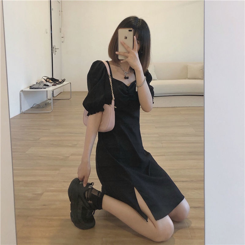 Đầm tay phồng cổ chữ V màu đen phong cách mùa hè thời trang thanh lịch cho nữ