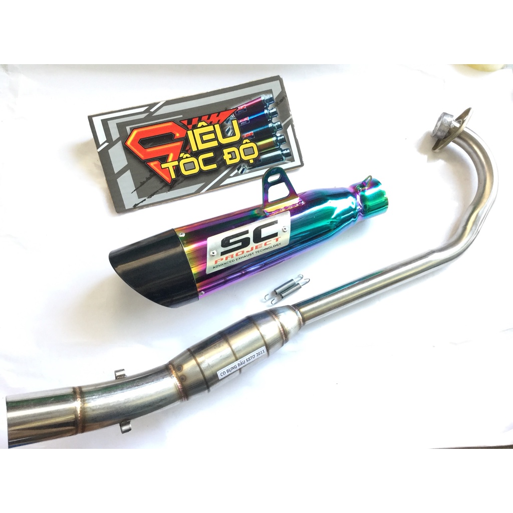 Pô sc xéo 7 MÀU cổ bầu hơi inox exciter, winer, sonic, raider, satria, gsx, tfx, fz, cbr, r15,...