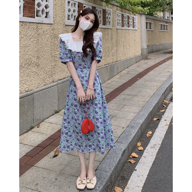 Đầm Hoa Tay Phồng Nhấn Eo Phong Cách retro Pháp Nữ Tính