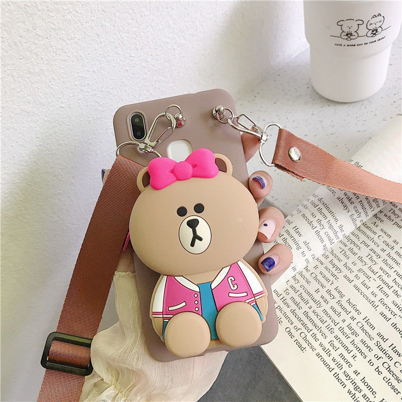 Samsung S9 S9PLUS S10 S10PLUS S7edge S21Ultra S21+ A12 A42 5G A6 A8 A6Plus A6+ A8Plus A8+ A02S A01Core Cartoon Bear zero wallet mobile phone protective cover fashion silicone Backpack Sling mobile phone shell cute small backpack mobile phone soft shell