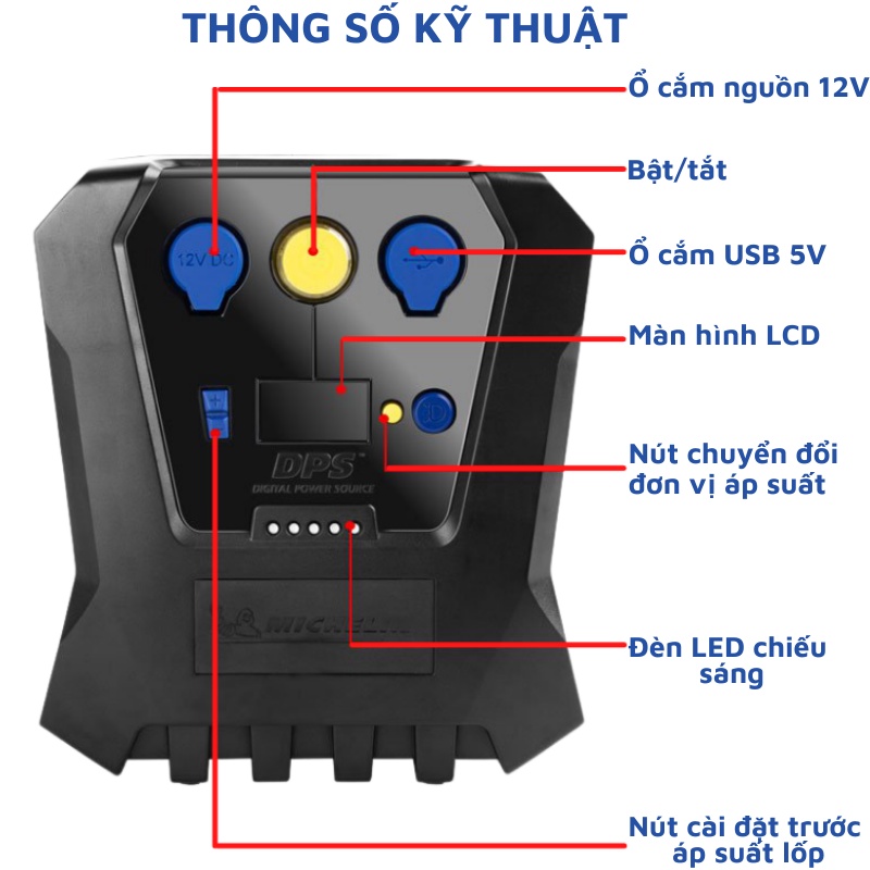 Bơm lốp ô tô tự ngắt mini 12v điện tử chính hãng Michelin 12266