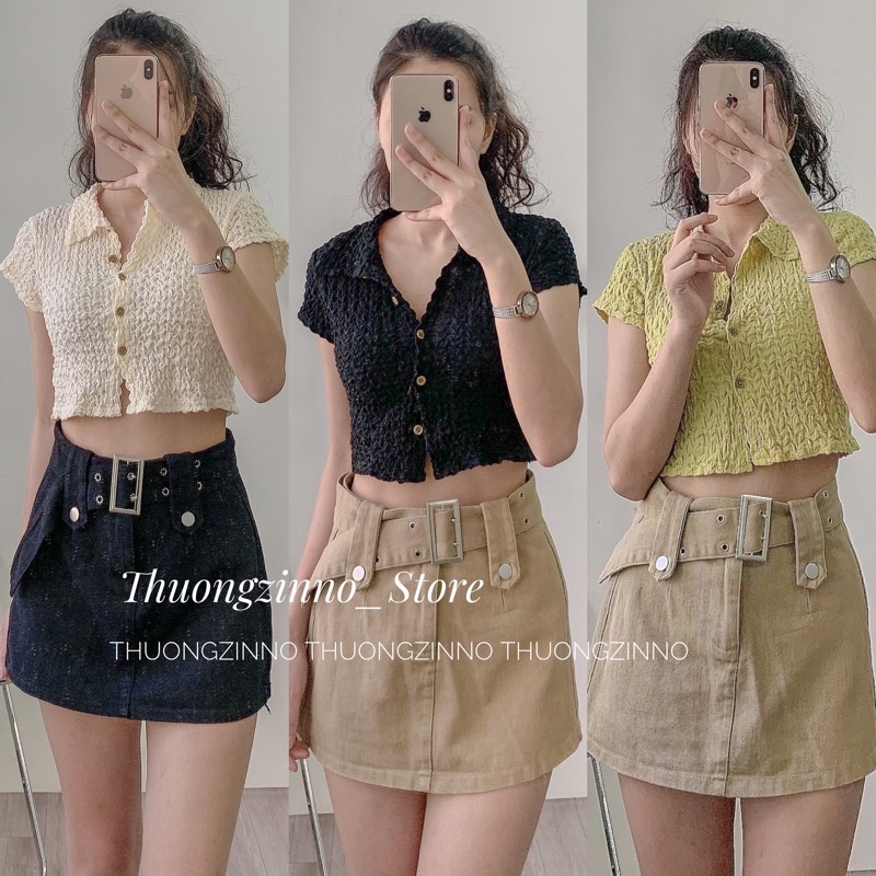 [Ảnh thật/Video]Áo Polo NHĂN kiểu Hàn cúc trước siêu tôn dáng Áo croptop cổ đức phong cách thể thao