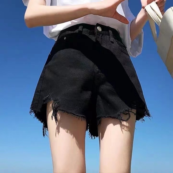 Quần Short Denim Lưng Cao Ống Rộng Phối Rách Thời Trang Đường Phố Mùa Hè Cho Nữ