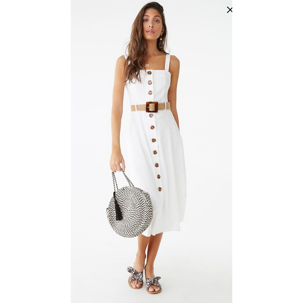 Đầm linen hai dây bản lớn cài nút F21