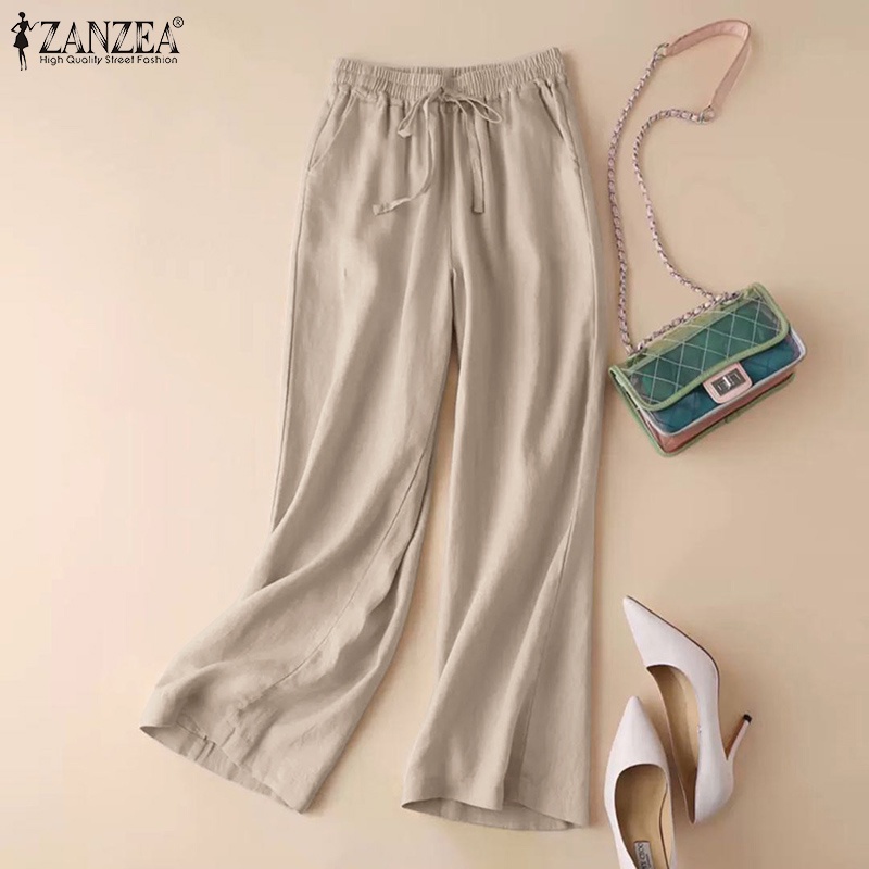 Quần ống rộng ZANZEA màu trơn thời trang cho nữ