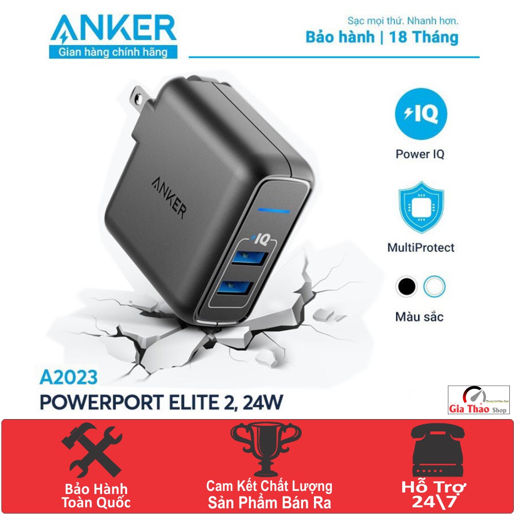 Cốc Sạc Nhanh 24w Anker PowerPort Elite 2, 24w - A2023 Công Nghệ Sạc Nhanh Độc Quyền PowerIQ và VoltageBoost