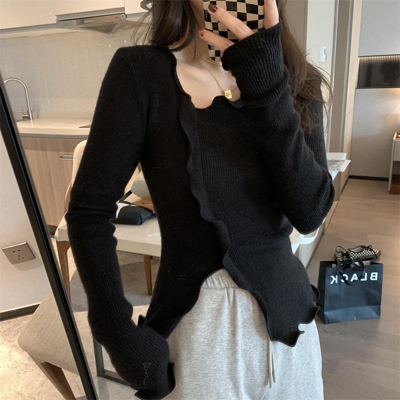 Áo Sweater dệt kim mềm mại tay dài phối ren thời trang cho nữ