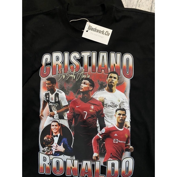 Áo Thun Vintage Ronaldo CR7 Tay Lỡ Unisex - Đen/Trắng Cổ Tròn | Blackwork
