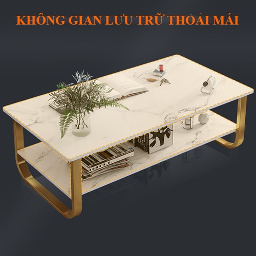 Bàn Trà Sofa Gỗ Họa Tiết Cẩm Thạch,Bàn Sofa 2 Tầng, Mặt Gỗ Chân Thép Tĩnh Điện,