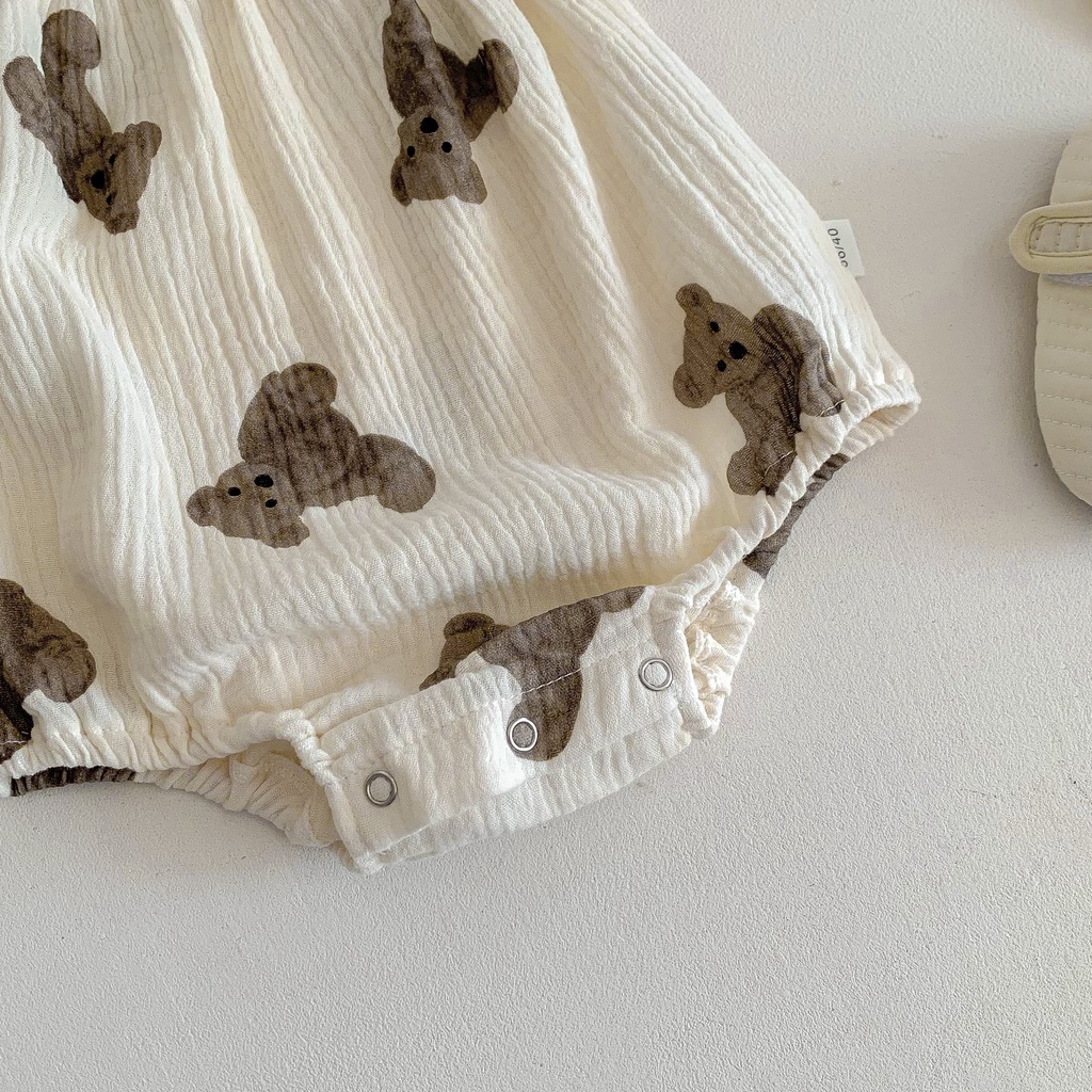 Bộ Áo Liền Quần Hai Dây Vải Cotton In Hình Gấu Dễ Thương Kèm Nón Dành Cho Bé