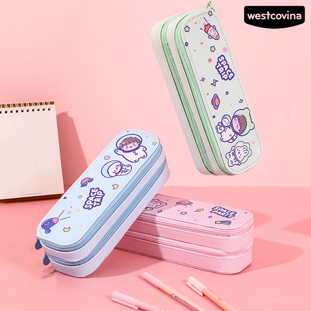 [Hot]✍Túi Đựng Bút Hai Lớp Bằng Da Giả Có Khóa Kéo Kích Thước Lớn