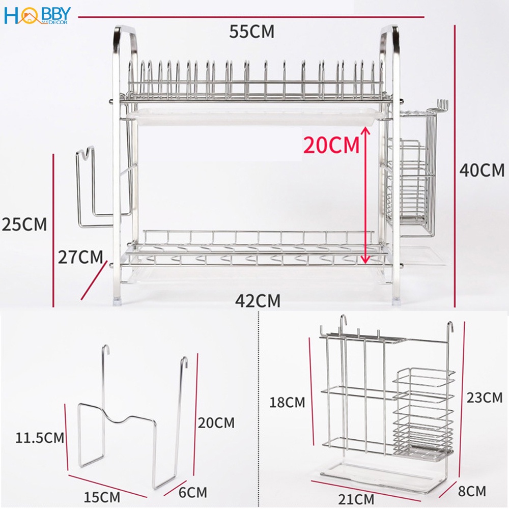 Kệ úp chén đĩa đa năng 2 ngăn Hobby home decor KC2F có ống dao đũa treo thớt