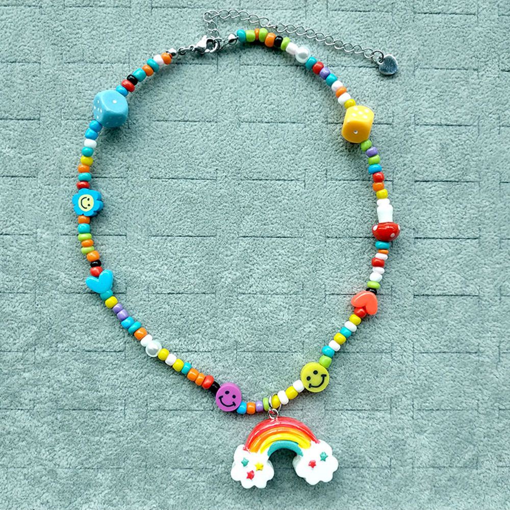 Vòng cổ xâu hạt bằng nhựa resin và silica gel màu cầu vồng phong cách Hàn Quốc dễ thương dành cho nữ