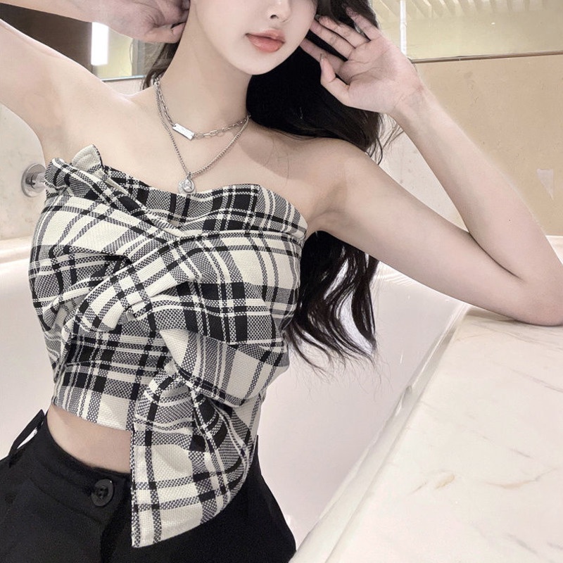 Áo Ống Thắt Nơ Họa Tiết Sọc Caro Thời Trang Mùa Hè Quyến Rũ Cho Nữ