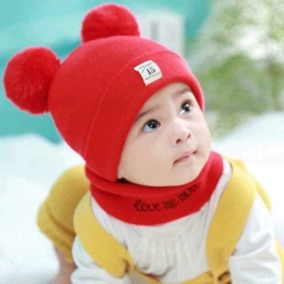 Bộ khăn + mũ len 2 quả bông cho bé03